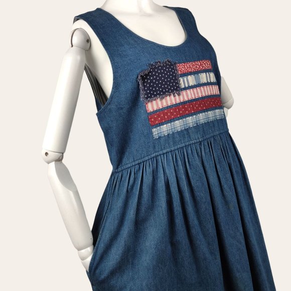 Vintage 1990s Susan Bristol Jumper Dress American Flag Folk Art Cottage Core 8 - Picture 8 of 12